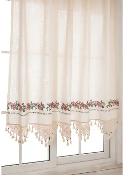 Tuncay Tekstil Kırmızı Kanaviçeli El Dantelli Keten Perde ve Güneşlik Modelleri