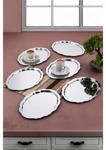 Ahir Ticaret Paslanmaz Çelik Oval Dalgalı Kahve ve Sunum Tepsisi Seti 6 Adet