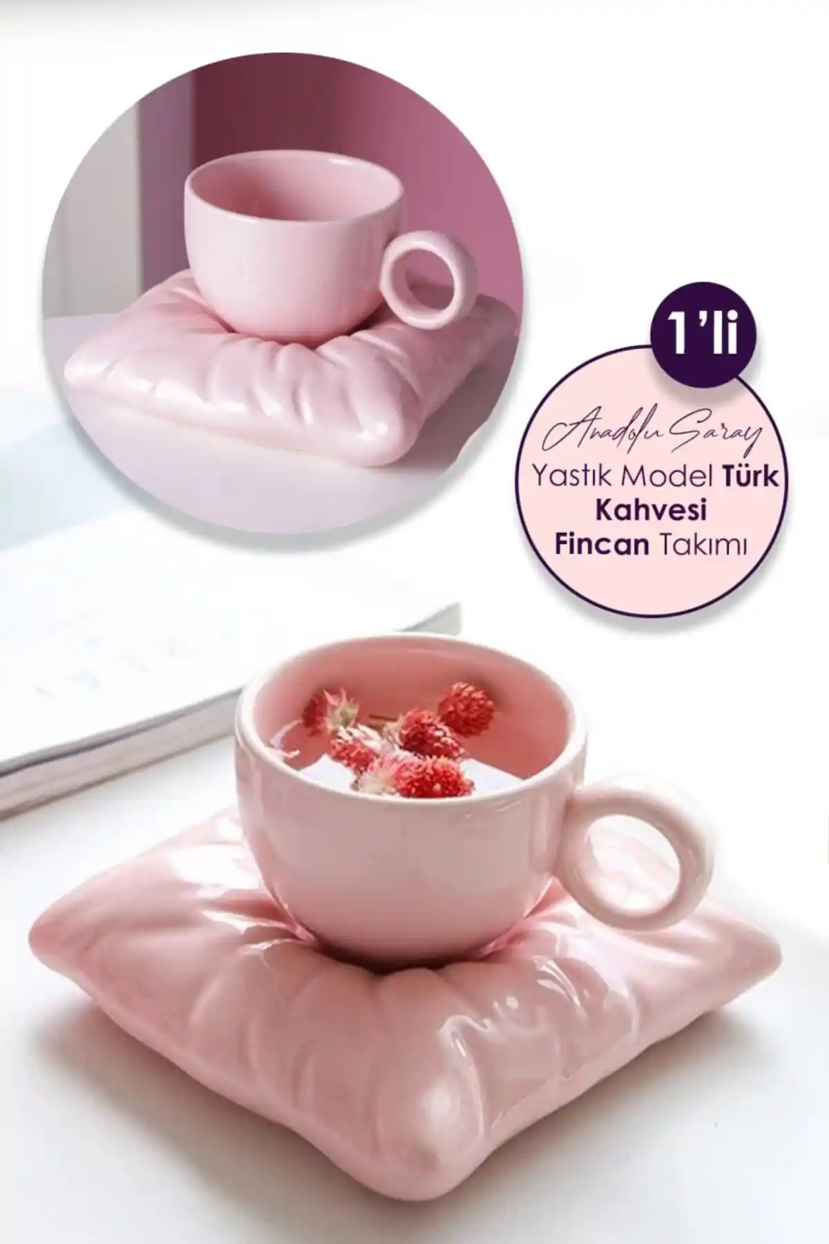 Anadolu Saray El Yapımı Pembe Seramik Kahve Fincan ve Yastık Seti Günlük ve Hediye Kullanımı İçin