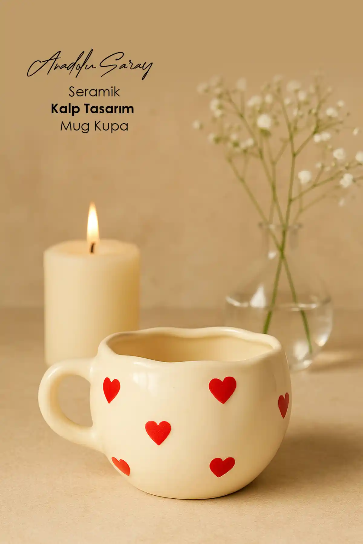 Anadolu Saray El Yapımı Seramik Kalp Damalı Mug Kupa Fincan Göz Alıcı Tasarım ve Uzun Ömürlü Kullanım İçin