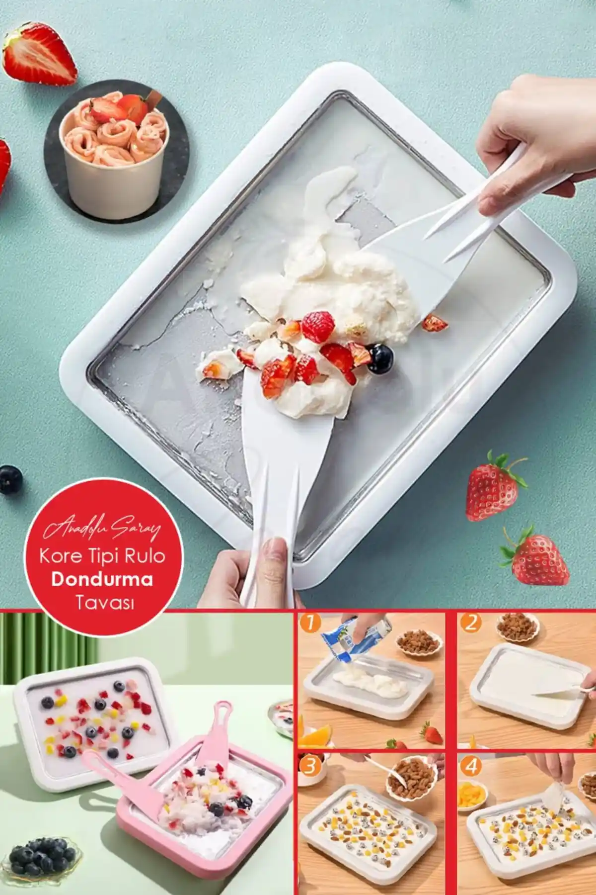 Anadolu Saray Ev Tipi Spatulalı Kore Tarzı Rulo Dondurma Tavası Pratik ve Sağlıklı Dondurma Yapımı