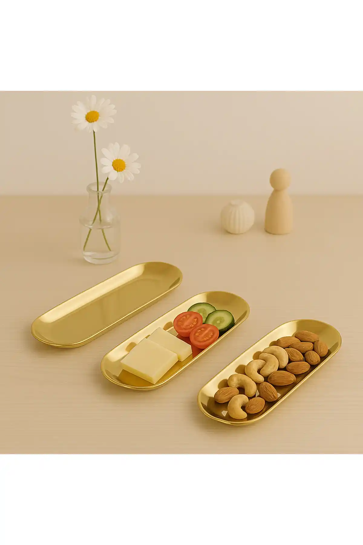 Aslı Hediyelik 3'lü Büyük Kayık Oval Gold Paslanmaz Çelik Çerezlik ve Sosluk Seti