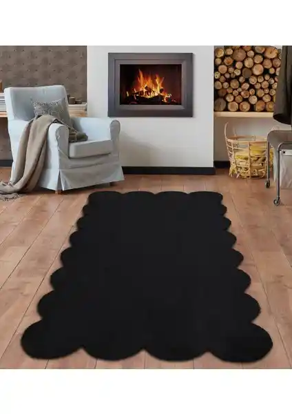 Balat Halı Siyah Lazer Kesim Kaymaz Taban Peluş Uzun Tüylü Modern Dekoratif Halı