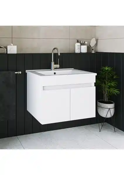 Banos Roomart LD3 Ayaksız 2 Kapaklı Beyaz MDF Banyo Dolabı 65 cm genişlikte