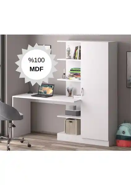 Bicabin MDF Narin Raflı Dolaplı Çalışma Masası Beyaz Modern ve Çok Yönlü Tasarım