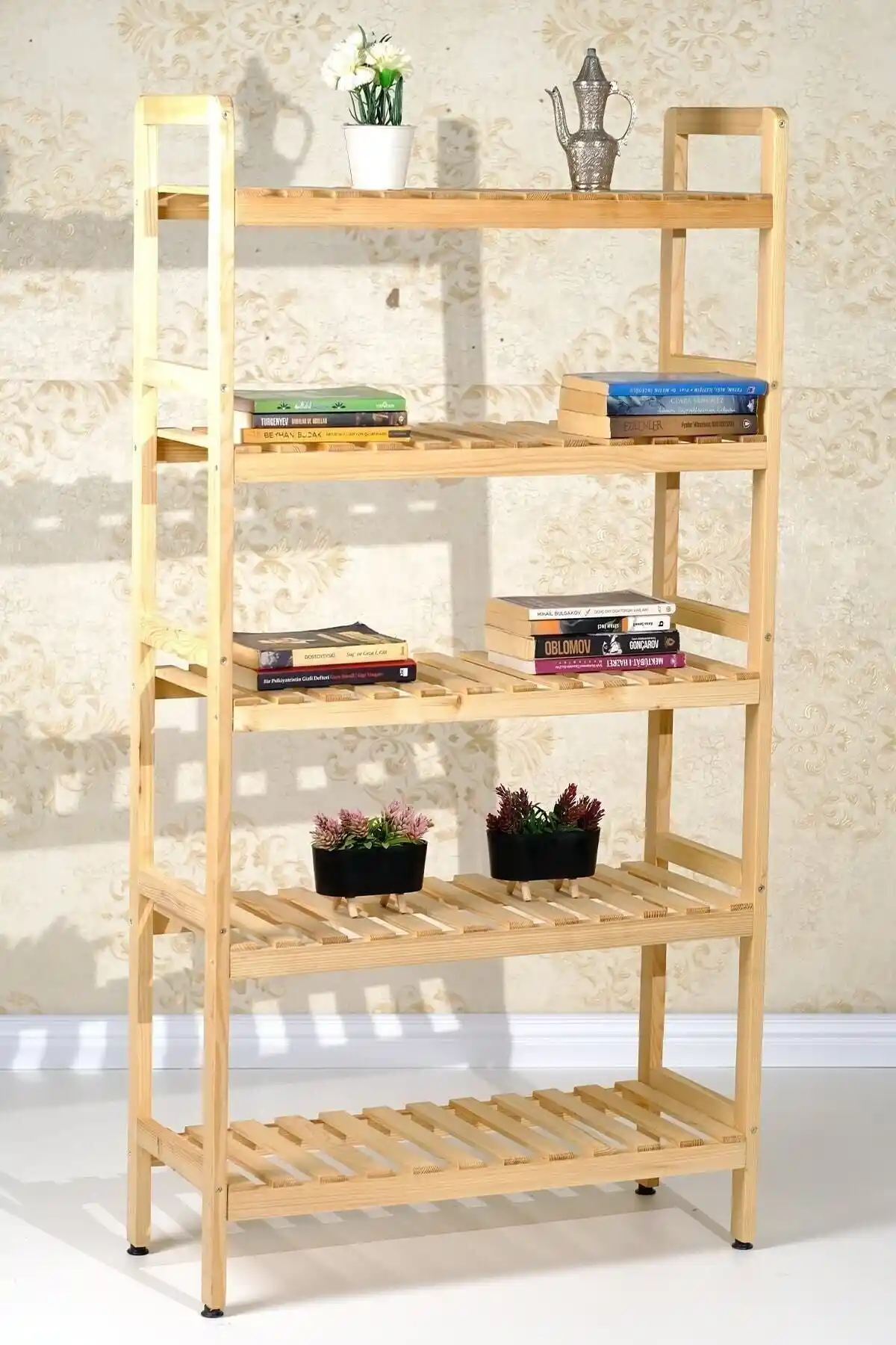 Bienart Ahsap 5 Raflı Masif Ahşap Kitaplık: Doğal ve Şık Tasarım Çam Ağacı Mobilya