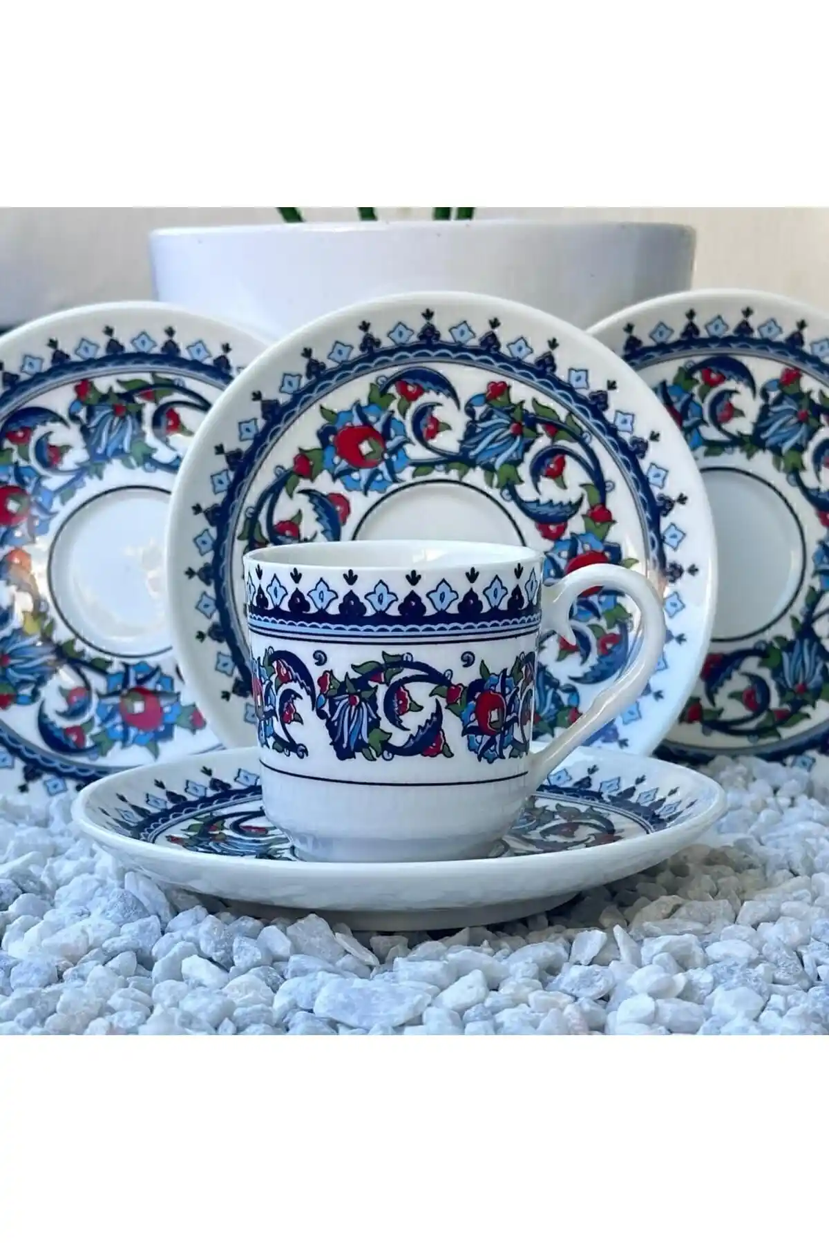 BİRSEV Topkapı Çini Desenli 6 Kişilik Porselen Kahve Fincan Takımı Günlük Kullanım İçin