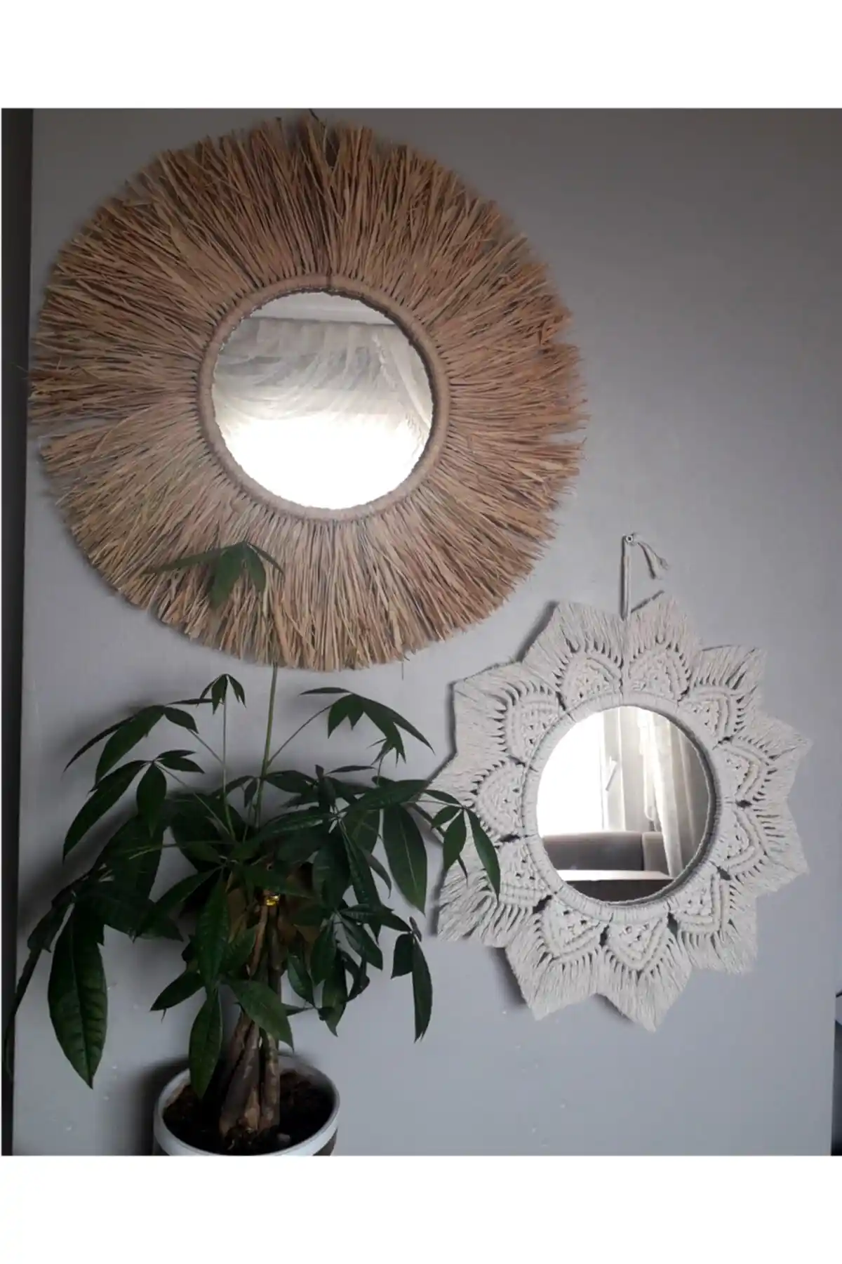 Bohem Tarzında El İşçiliğiyle Üretilmiş Makrome ve Rafya Ayna Seti Dekoratif Duvar Süsü