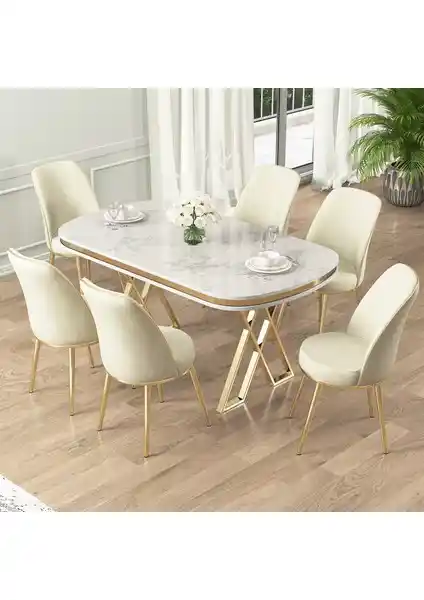 Canisa Lai Serisi Modern Beyaz Mermer Desenli Masa ve Sandalye Takımı 90x168 cm