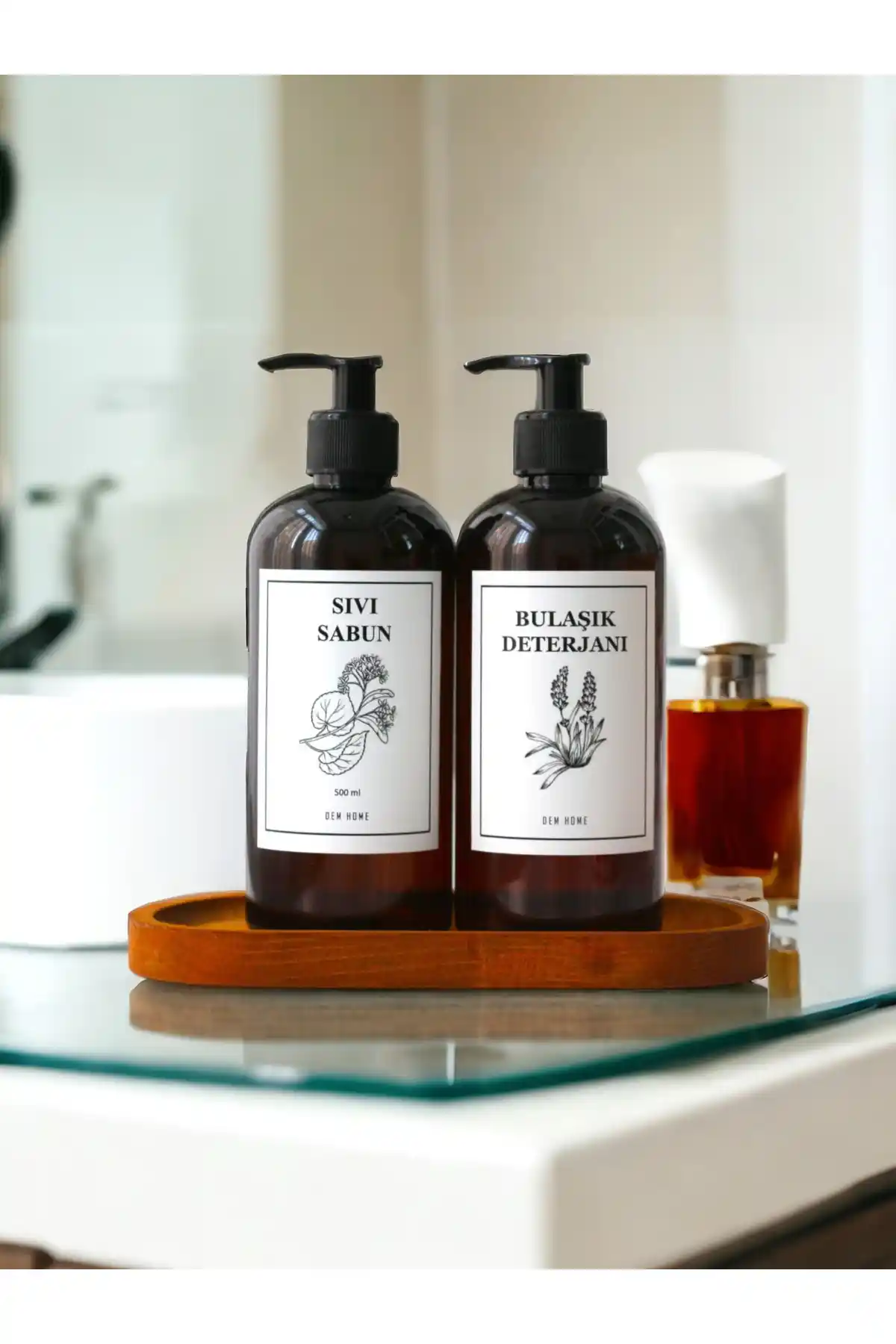 Dem Home Amber Görünümlü Plastik 2'li Mutfak Şişe Seti ve Ahşap Standı