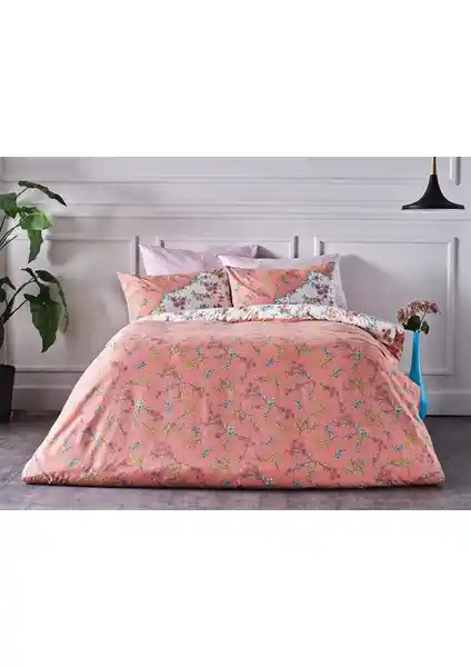 Dessen Doğal Pamuk Çift Kişilik Nevresim Takımı Turuncu ve Çiçek Desenli