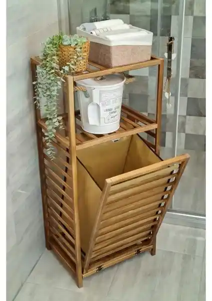 Digithome Ceviz Renkli Ahşap Banyo Düzenleyici Raf ve Kirli Sepetli Model CVZ01