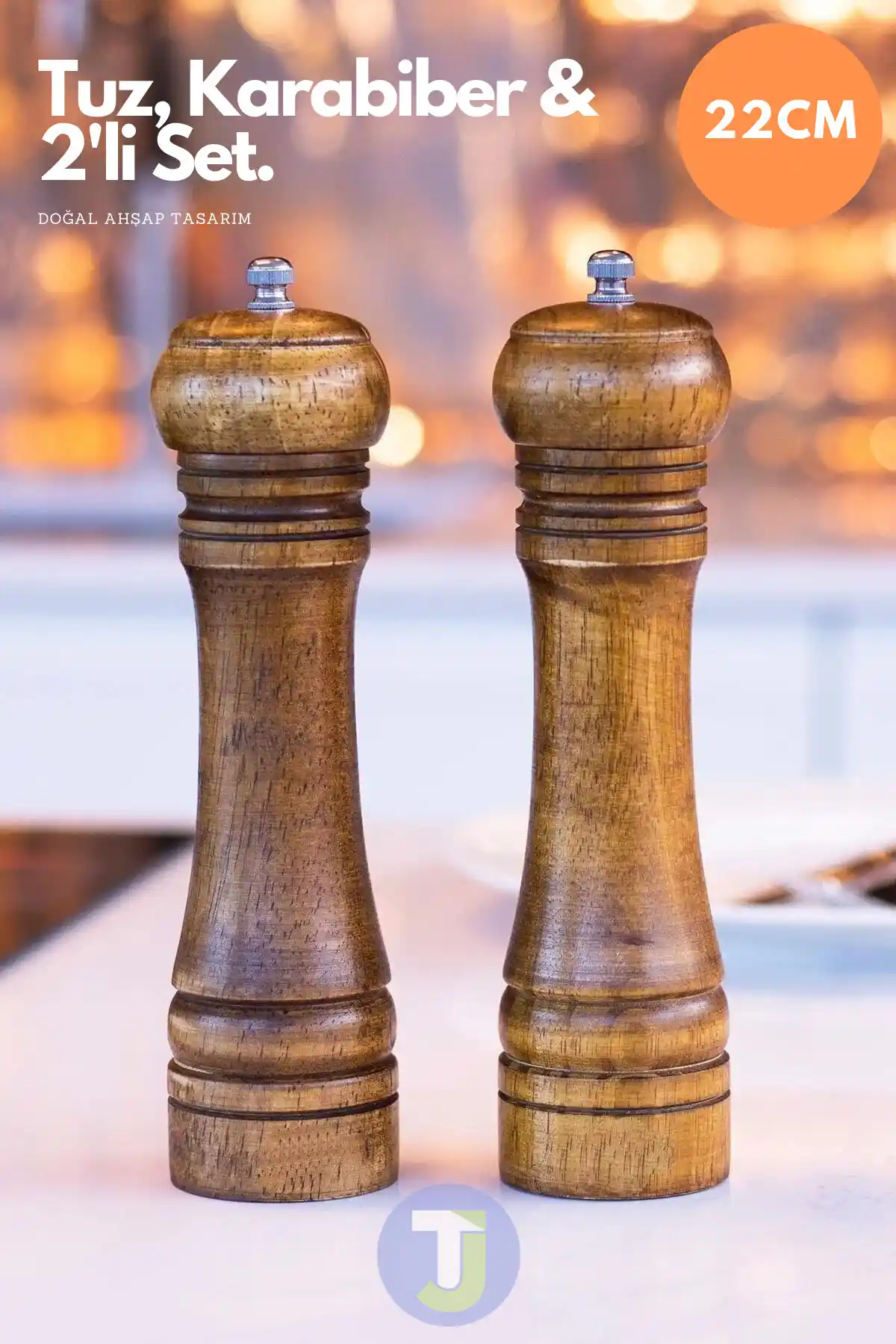 Doğal Ahşap Baharat ve Tuz Değirmeni Seti 22cm Şık ve Pratik Mutfak Gereçleri