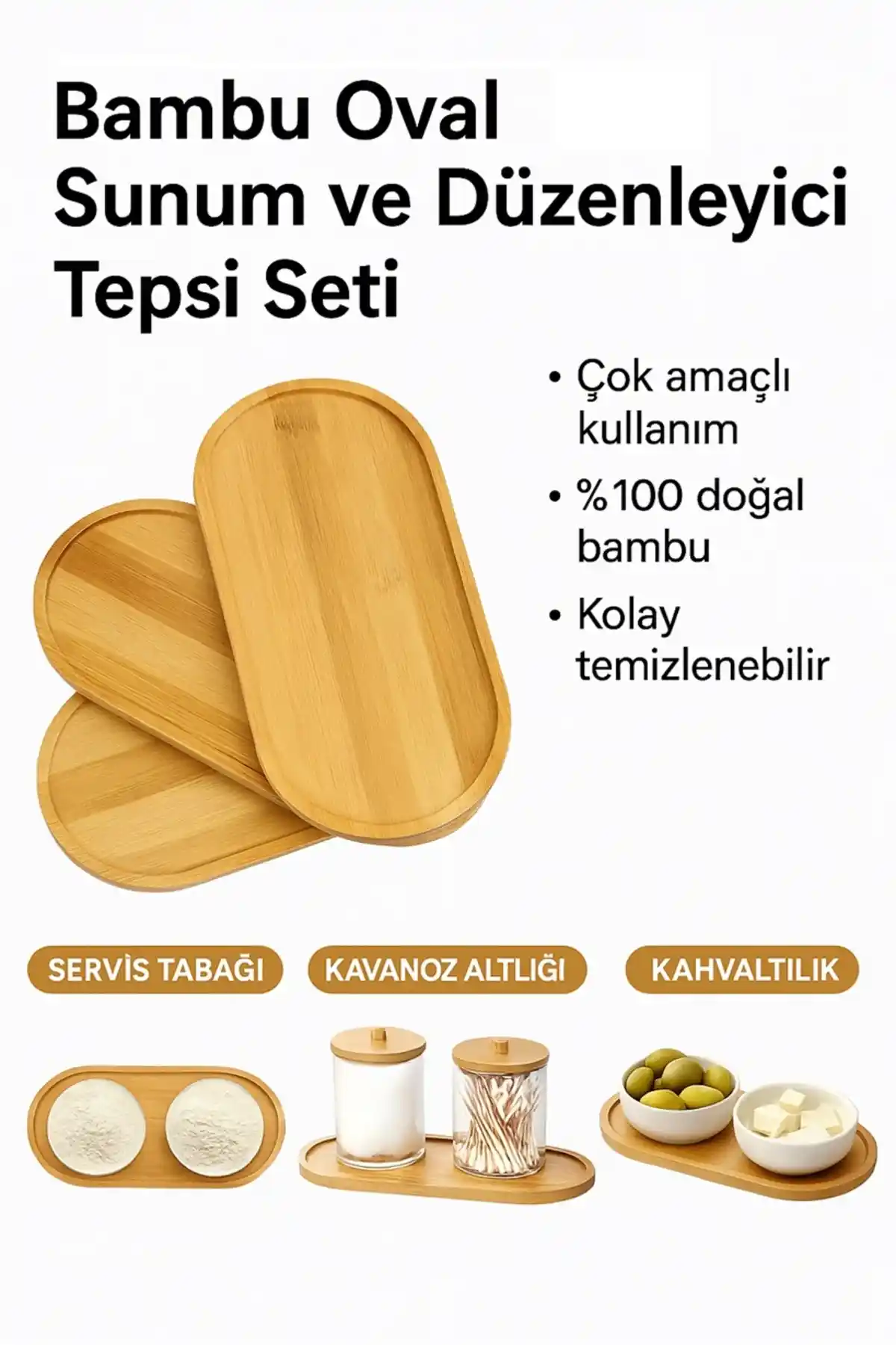 Doğal Bambu Malzemeden Üretilmiş Çok Amaçlı Modern Tepsi ve Düzenleyici Seti