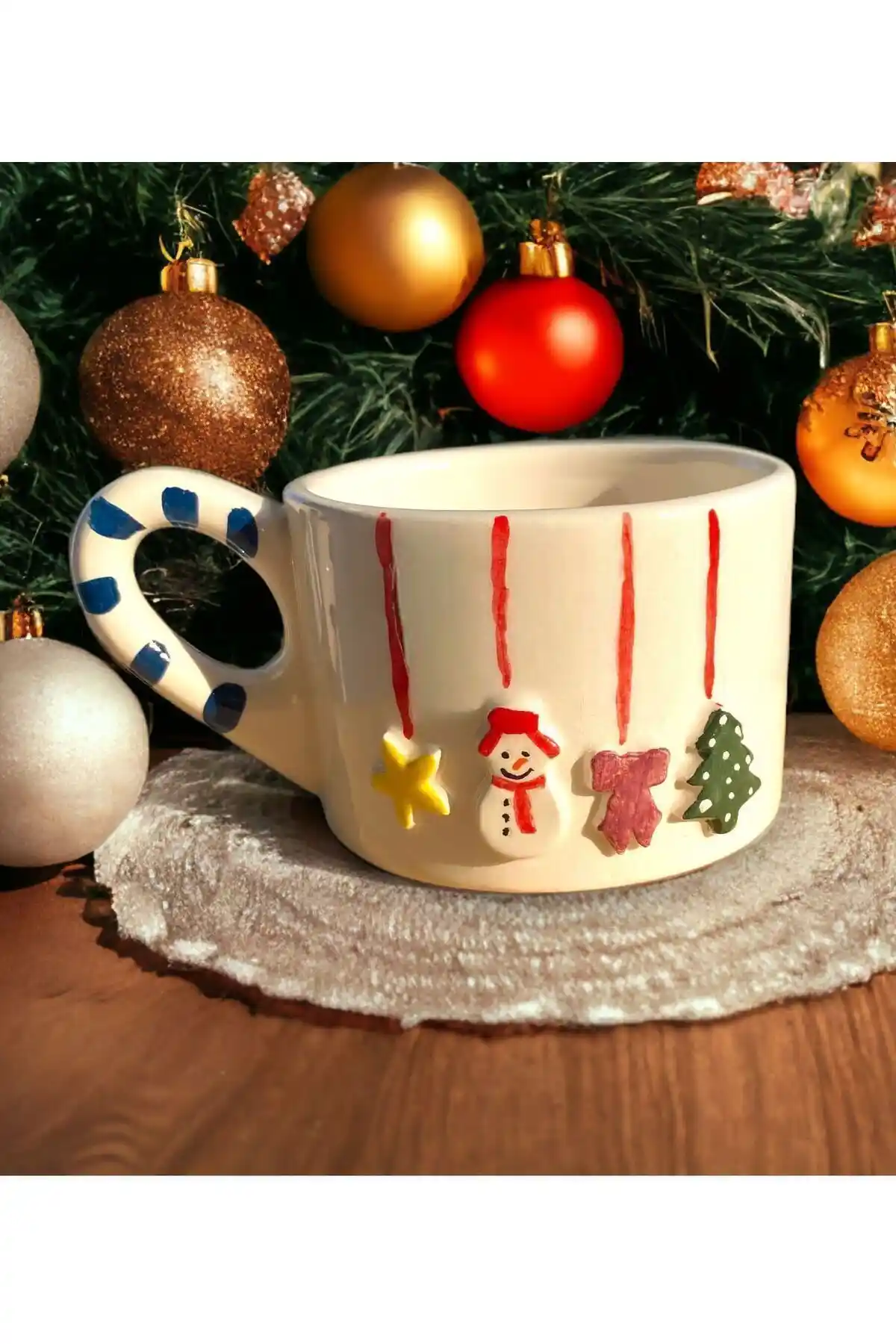 El Yapımı Yılbaşı Temalı Seramik Kahve ve Çay Kupası 240 ml, Dekoratif ve Dayanıklı