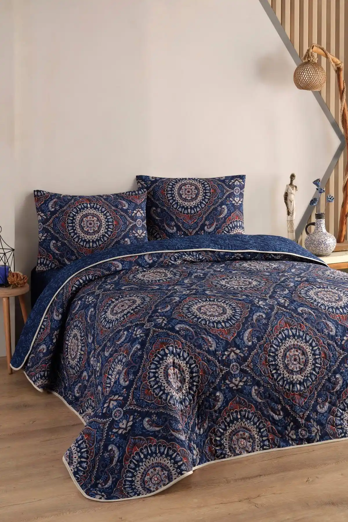 Enlora Home Çok Amaçlı Çift Kişilik Yatak Örtüsü Lacivert Renkli Modern Tasarım