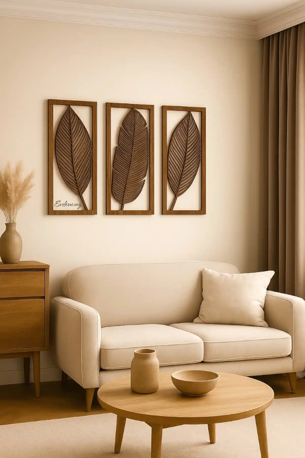 Evdeucuz Doğal Ahşap Yaprak Desenli Duvar Dekoru Seti Modern Siyah 3 Parça