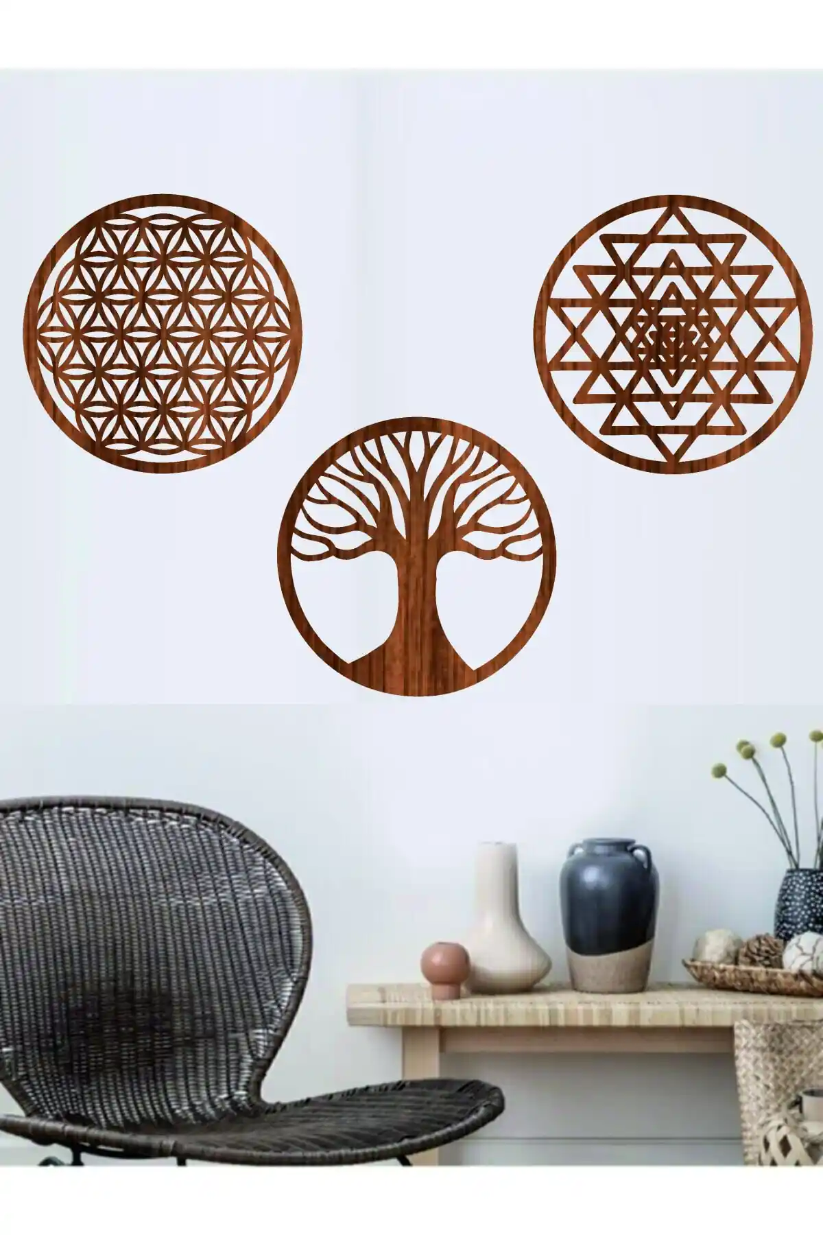 Evdeucuz Yaşam Çiçeği Sriyantra ve Torus 3’lü Set: Modern ve Anlamlı Duvar Dekoru Seçenekleri