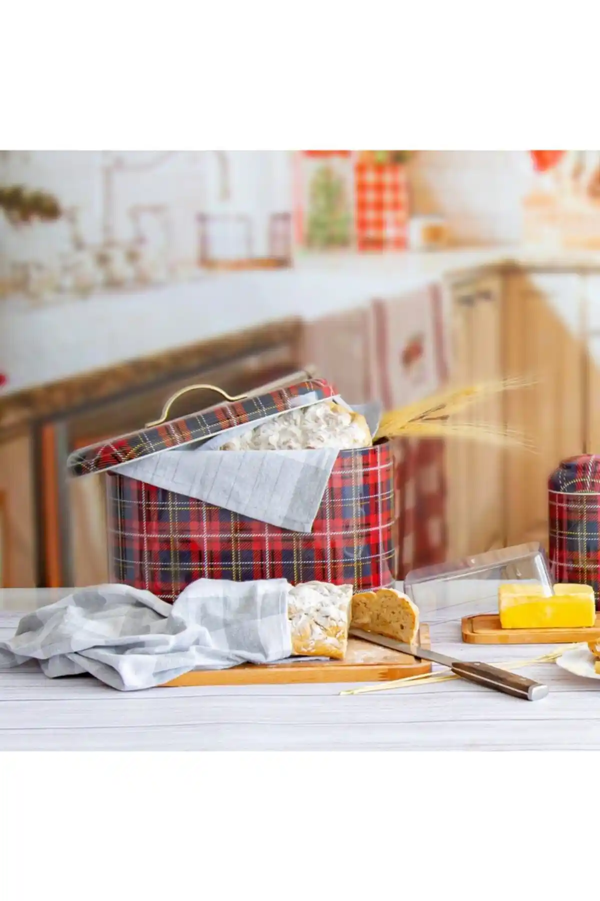Evle Ef002-İ3 Plaid Desenli Metal Ekmeklik Şık ve Dayanıklı Mutfak Aksesuarı