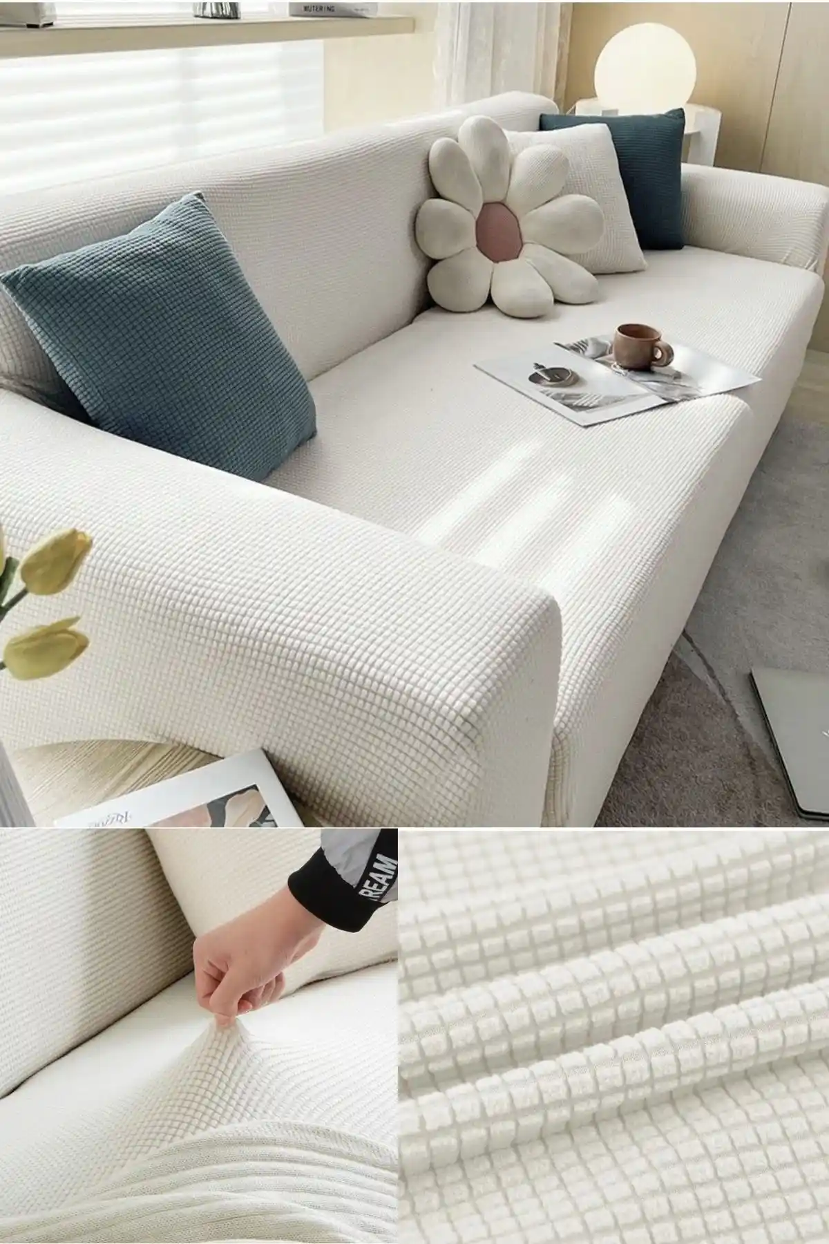 Faiend Likrali Esnek 3 Kişilik Krem Kanepe Örtüsü Modern ve Dayanıklı Tasarım