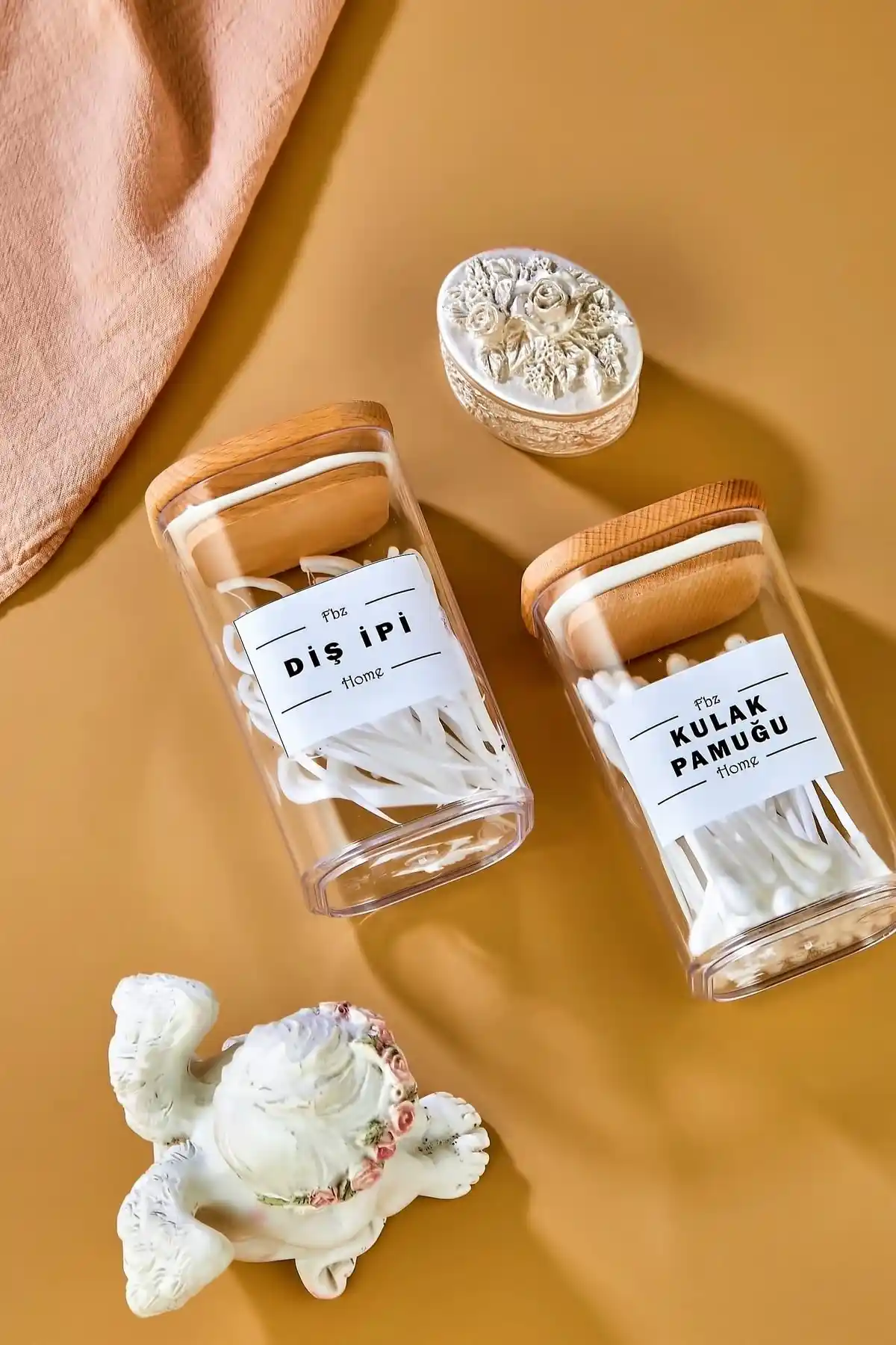 FBZhome 2'li Ahşap Kapaklı Akrilik Diş İpi ve Kulak Pamuğu Organizeri: Şık ve Fonksiyonel Banyo Çözümü