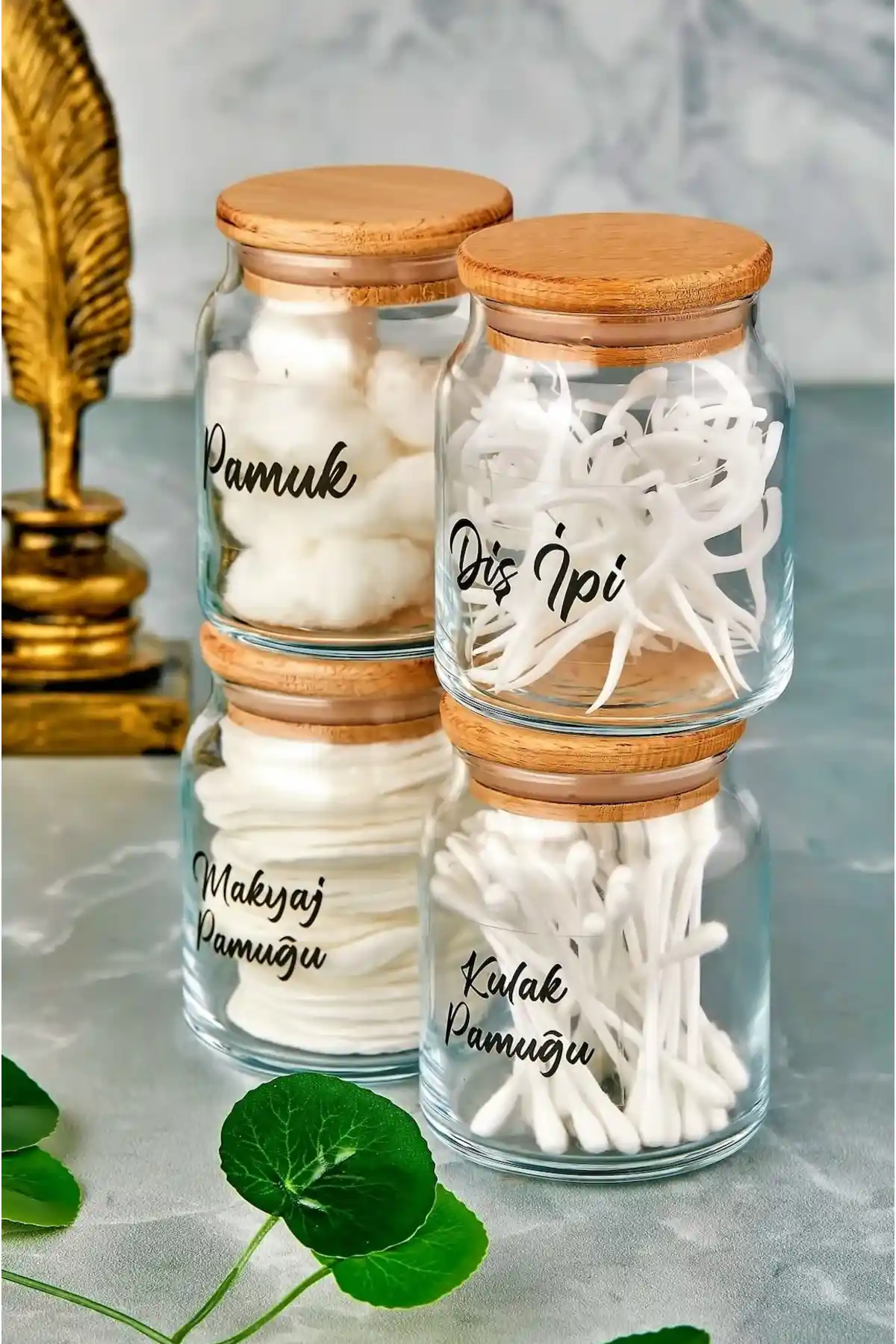 FBZhome 4'lü Ahşap Kapaklı Etiketli Diş İpi ve Pamukluk Seti Modern Banyo Bakım Ürünleri