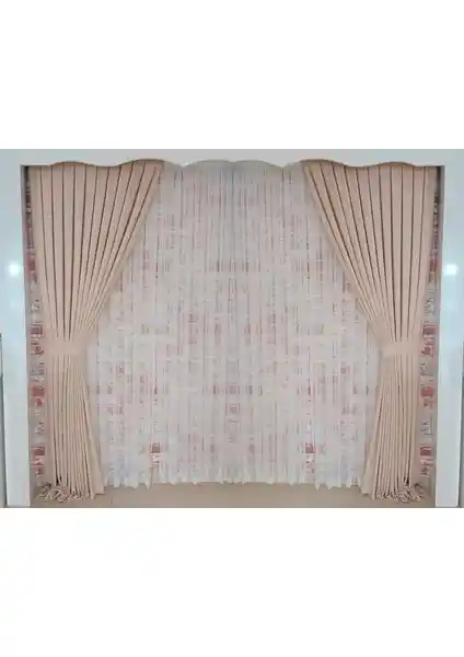 Figen Perde Buğday Renk Fon Perde Çift Kanat 1/3 Sık Pileli Dikim V-04