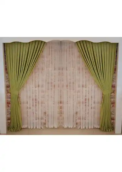 Figen Perde Fıstık Yeşili Kadife Çift Kanat Fon Perde 1/3 Sık Pile Dikim V-19