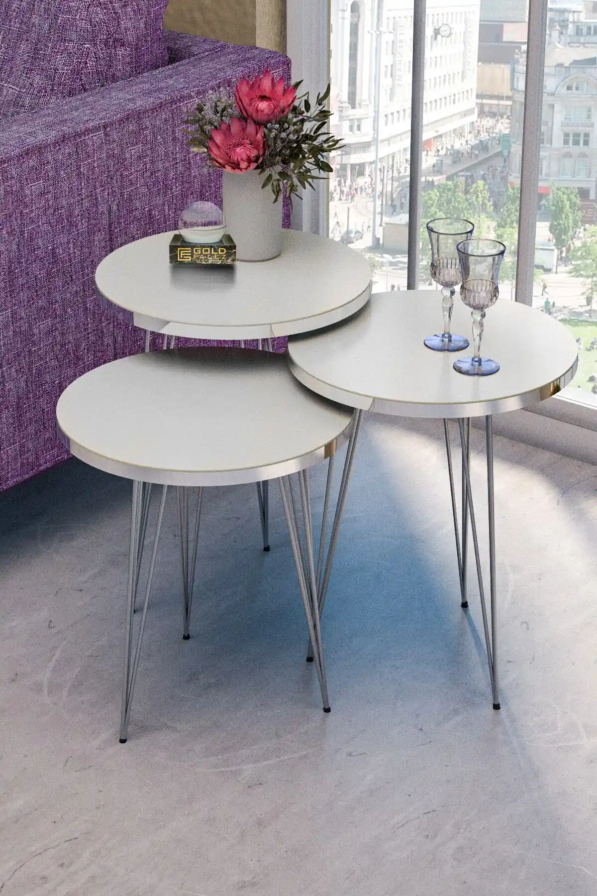 GOLDFALEZ Zigon Sehpa Gümüş Beyaz Tel Modern ve Şık Dekorasyon Unsuru