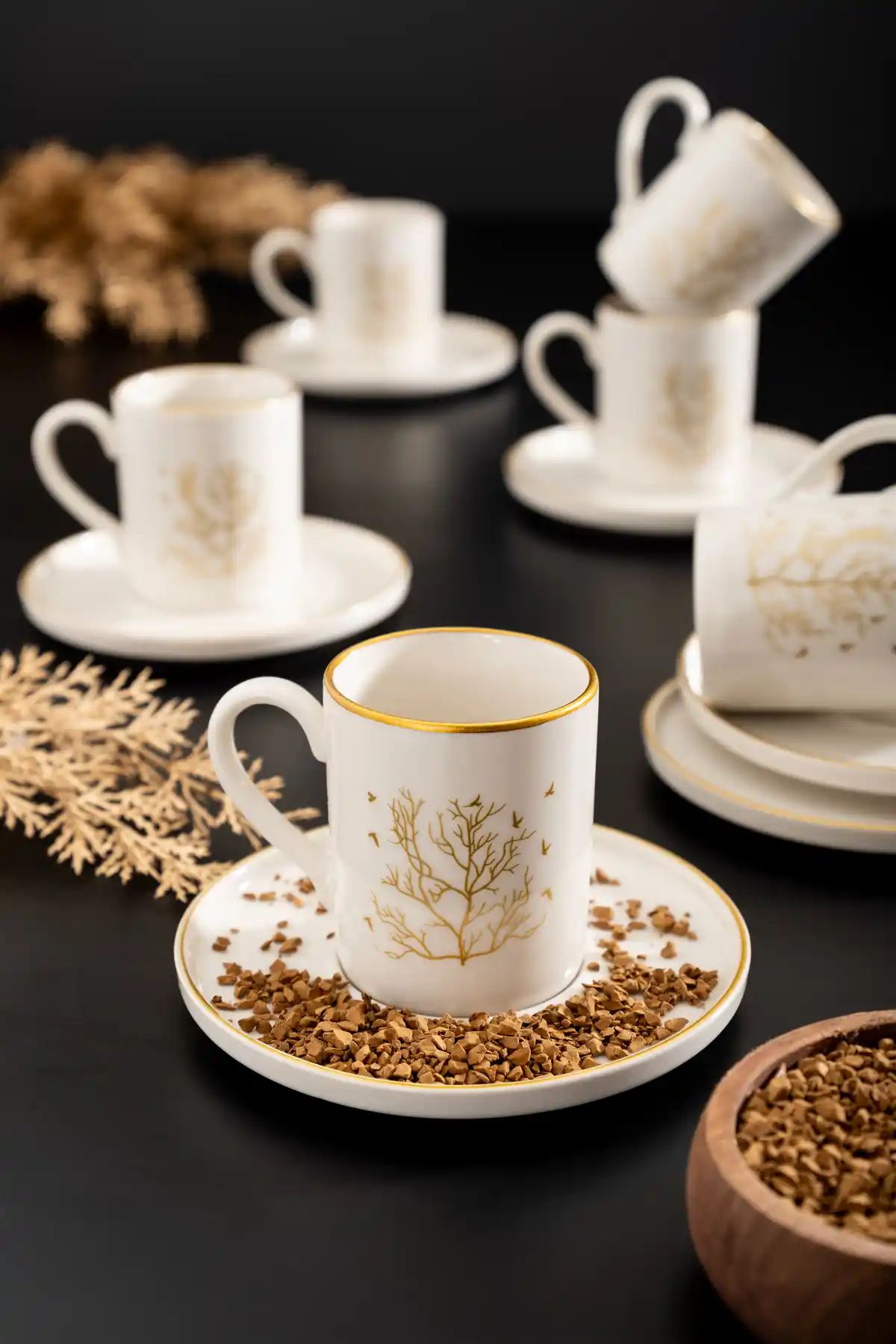 Hayat Ağacı Desenli Beyaz Porselen 6 Kişilik Kahve Fincanı Seti