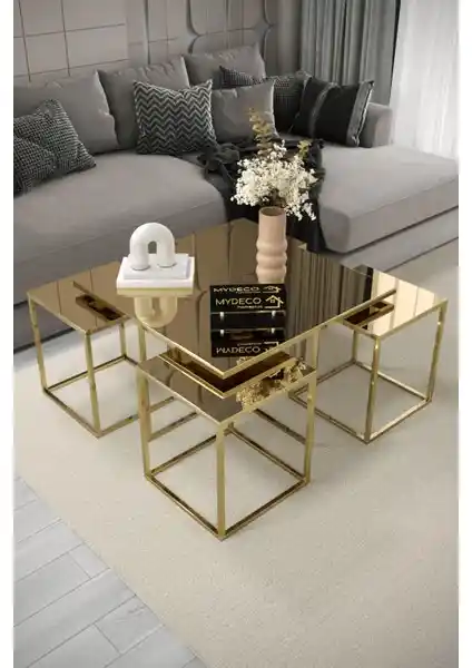 Home Plus Mobilya 4+1 Gold Kaplama Bronz Ayna Orta Sehpa Modern Tasarım ve Çok Yönlü Kullanım