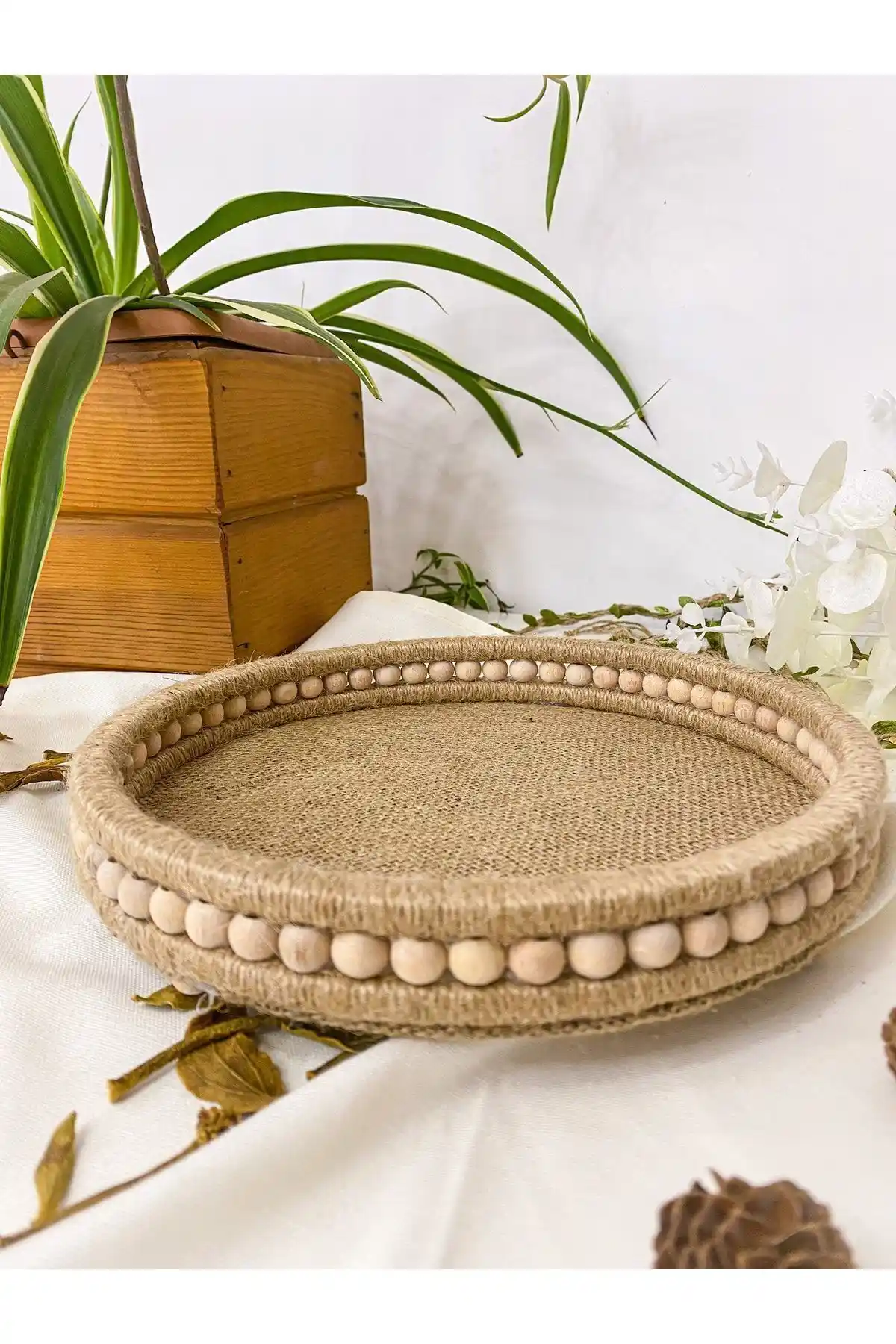 Homeyandlovey Ahşap Küçük Boncuklu Hasır Doğal Rafya Jüt Tepsi Ev Dekorasyonu İçin
