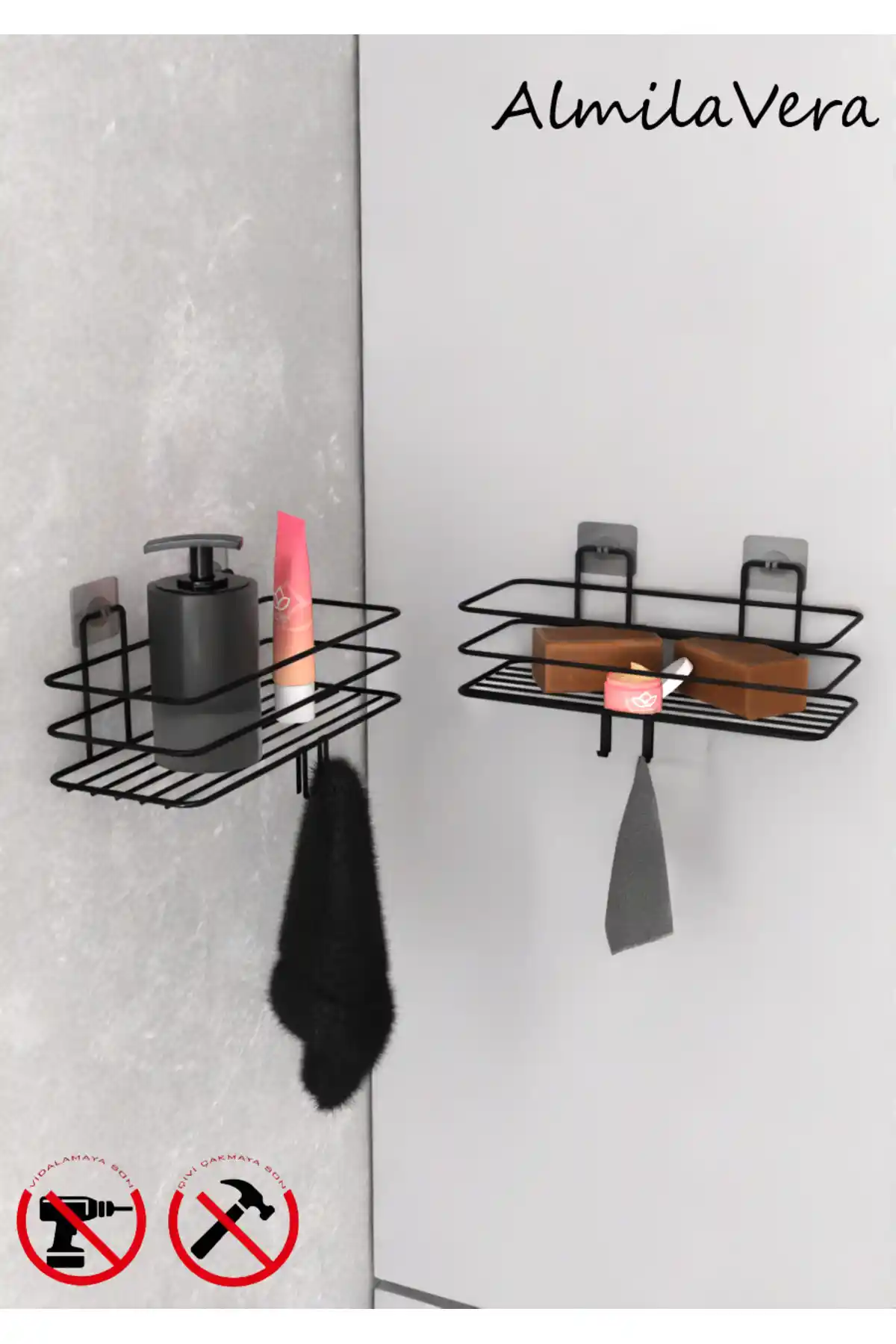 KapKacakAl Siyah Güçlü Yapışkanlı Banyo Rafı Modern ve Pratik Çözüm