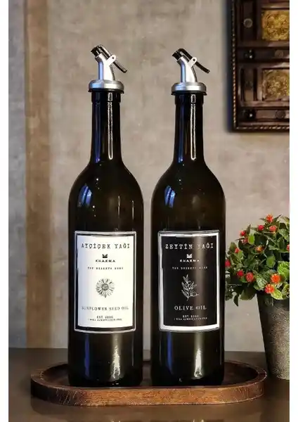 Khakma Ahşap Standlı Amber 2'li 750 ml Zeytinyağı ve Sıvıyağ Şişesi Seti