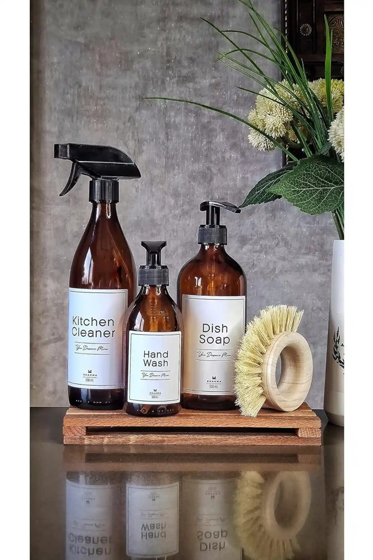 KHAKMA Ahşap Stantlı Amber Cam Bulaşık Deterjanı Seti Modern ve Şık Mutfak Çözümü