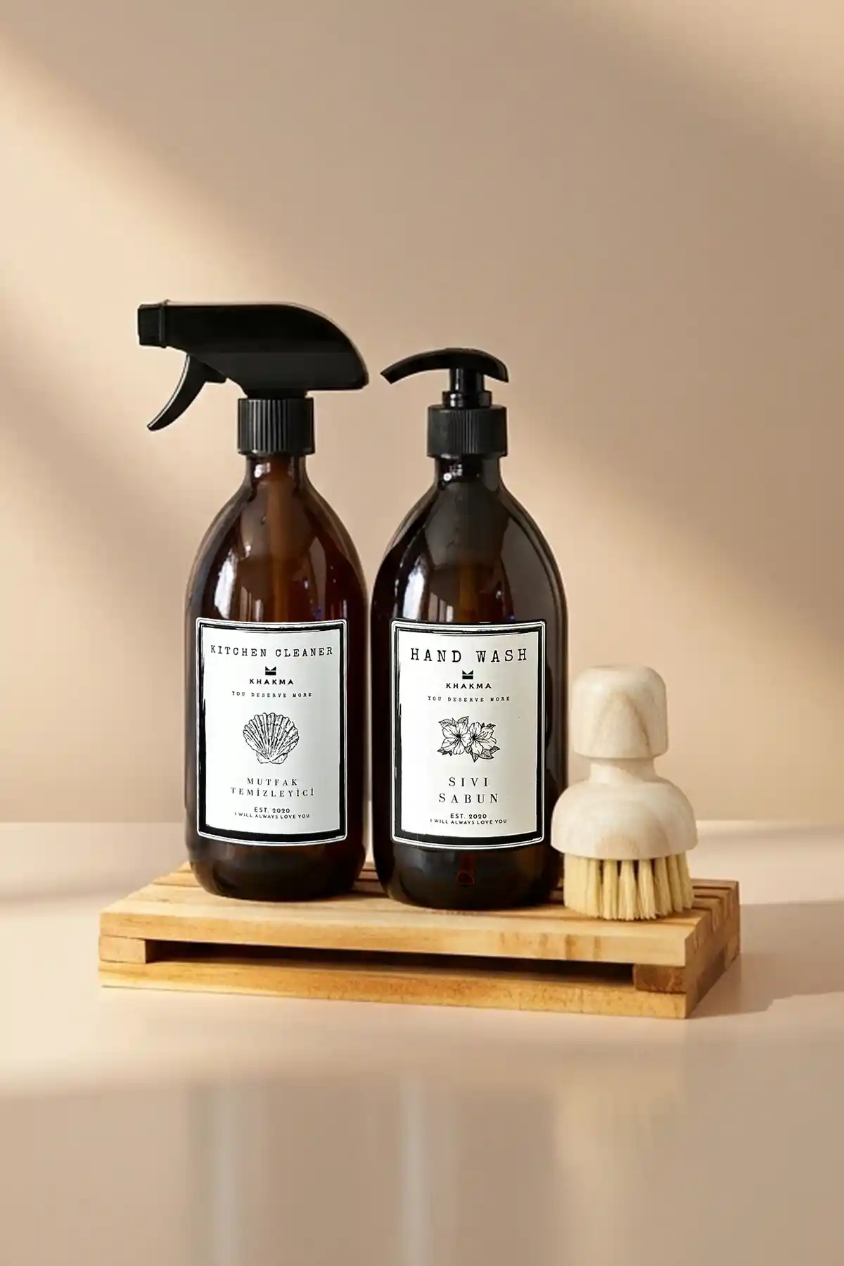 KHAKMA Ahşap Stantlı Amber Cam Sıvı Sabunluk ve Fırçalı Seti Modern Tasarım