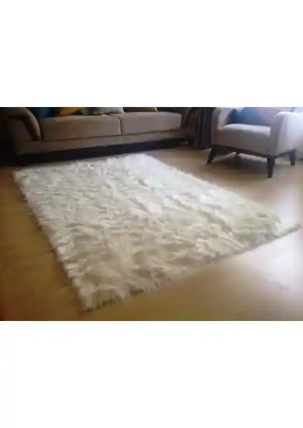 Krem Renkli Kuzu Kürkü Dekoratif Post Halı Yüksek Tüylü ve Şık Tasarım