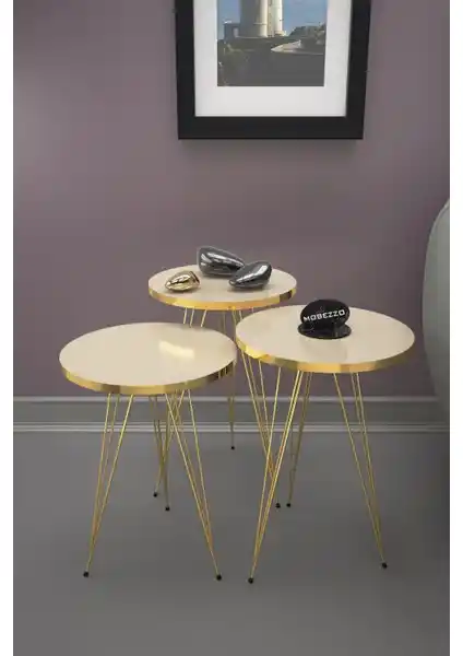 Limnizza 3'lü Gold Metal Ayaklı Krem Zigon Sehpa Modern Tasarım ve Fonksiyonellik