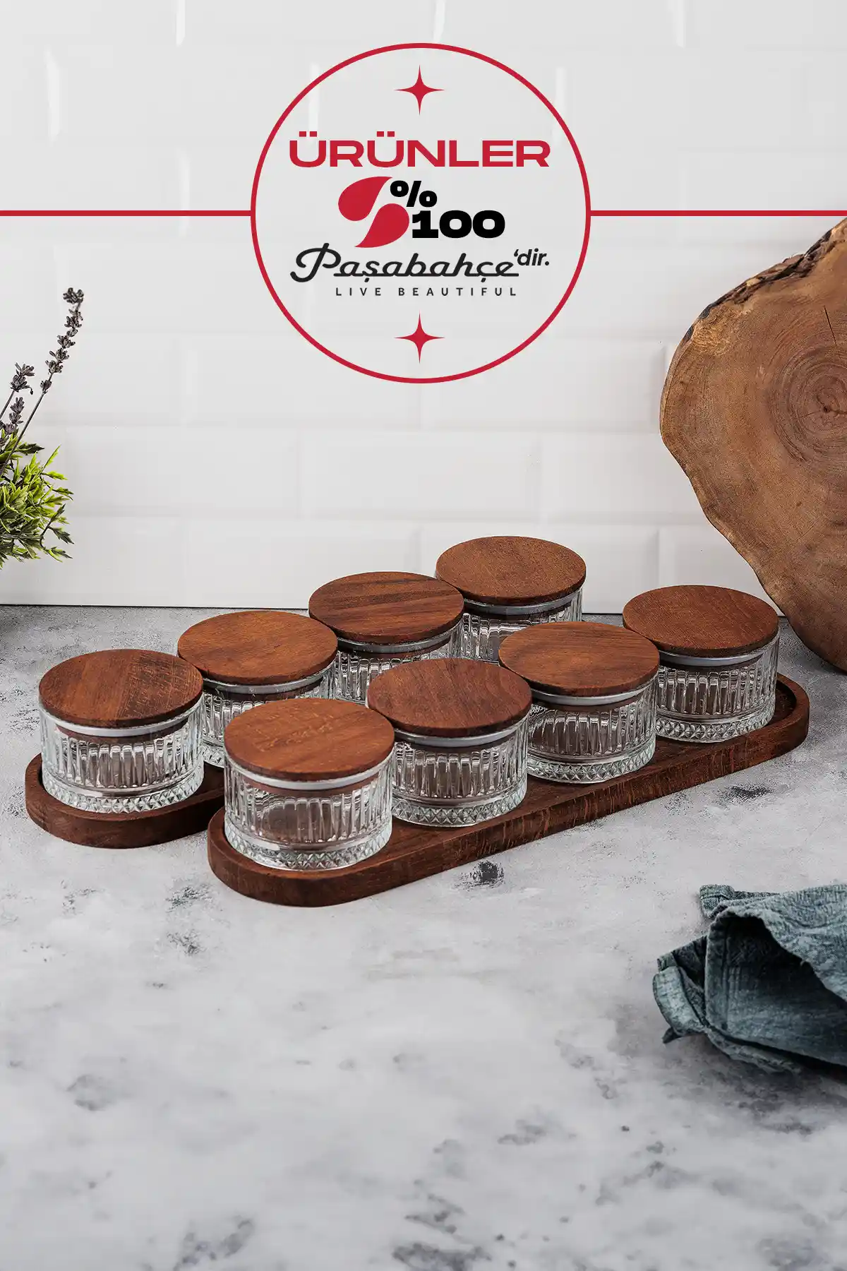 LUX ET AMOR 10 Parça Ahşap Tepsili Vakumlu Kapaklı Cam Kahvaltılık Seti