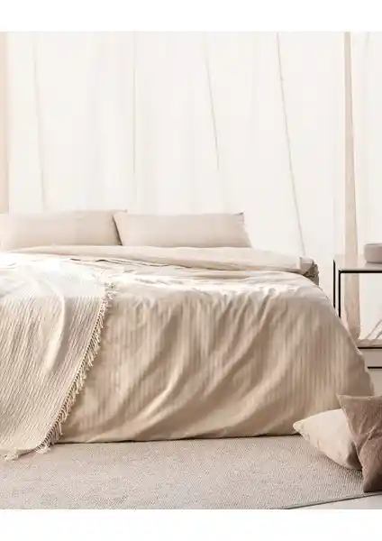 Madame Coco Adrien Çift Kişilik Pamuklu Çizgili Nevresim Takımı Bej Renkli Modern Tasarım