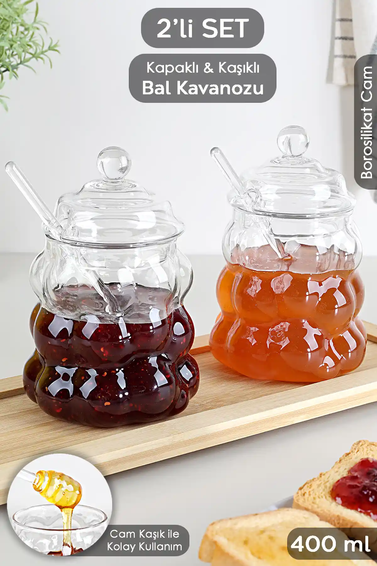 Meleni Home 2'li Bal Kavanozu Borosilikat Cam Şeffaf ve Dekoratif Tasarım