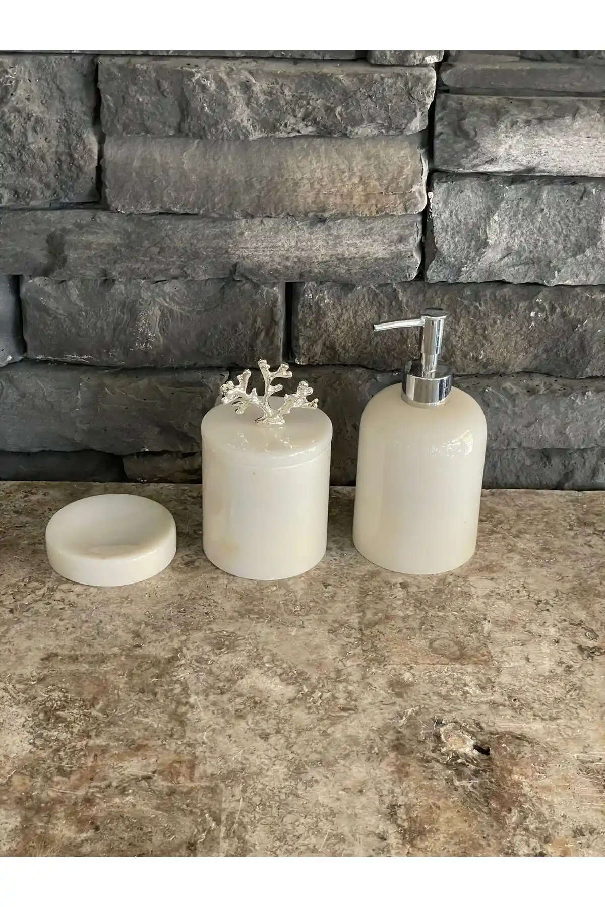 Mermer Malzemeli 3'lü Banyo Seti Beyaz Doğal Taş Sabunluk ve Makyaj Pamukluğu