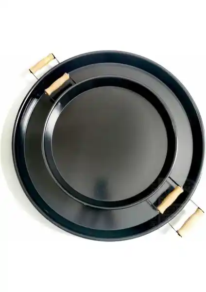 Metal Siyah Ahşap Kulplu Sunum Tepsisi Seti 2 Boyutlu Modern Mutfak Aksesuarları