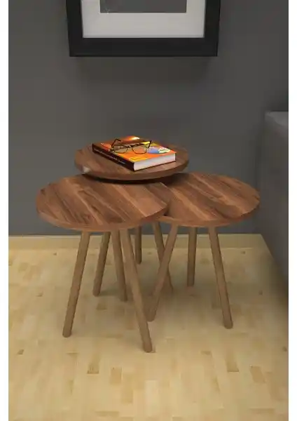 Mobezzo Zigon Sehpa Seti Ahşap Ayaklı Modern Yuvarlak Tasarım 3'lü Ceviz Renk