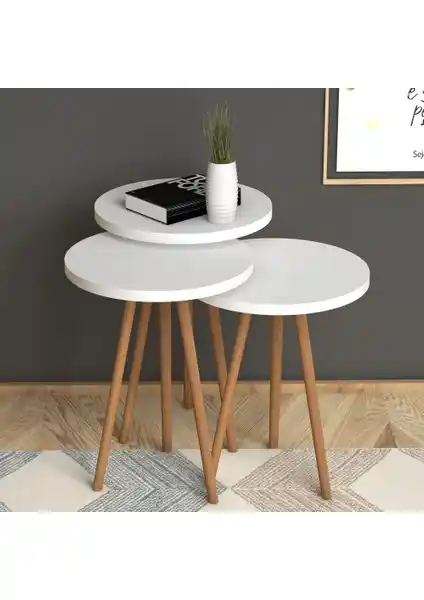 Monte Sehpa 3'lü Beyaz Zigon Sehpa Seti Modern ve Şık Tasarım