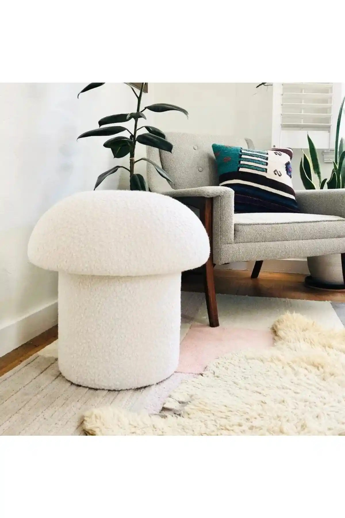 Mushroom Mantar Puf Modern ve Şık Dekorasyon Parçası 40x32 cm Beyaz