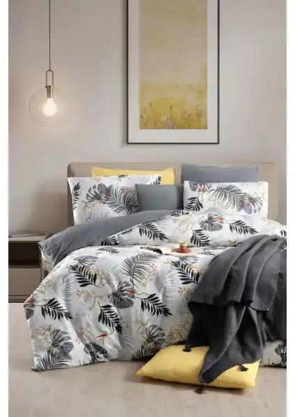 My Story Lastikli Çarşaflı Çift Kişilik Nevresim Takımı Monstera Gri