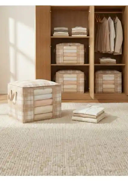 Nacarev 4'lü Ekose Bej Pencereli Hurç Seti Ev Düzeni ve Saklama İçin Uygun