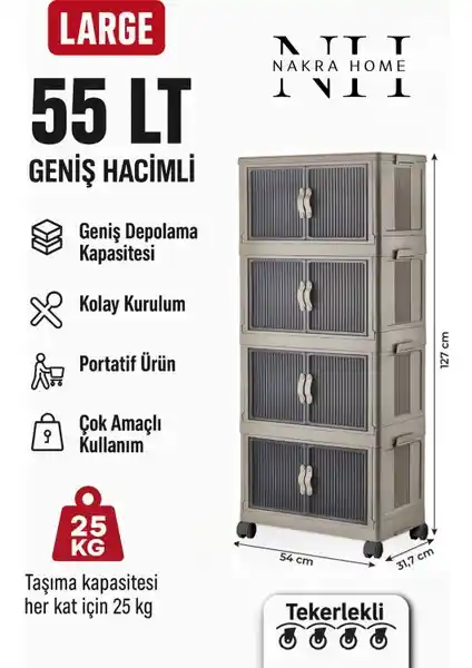 Nakra Home Katlanabilir 4 Katlı Tekerlekli Plastik Dolap ile Ev ve Ofislerde Pratik Depolama Çözümü