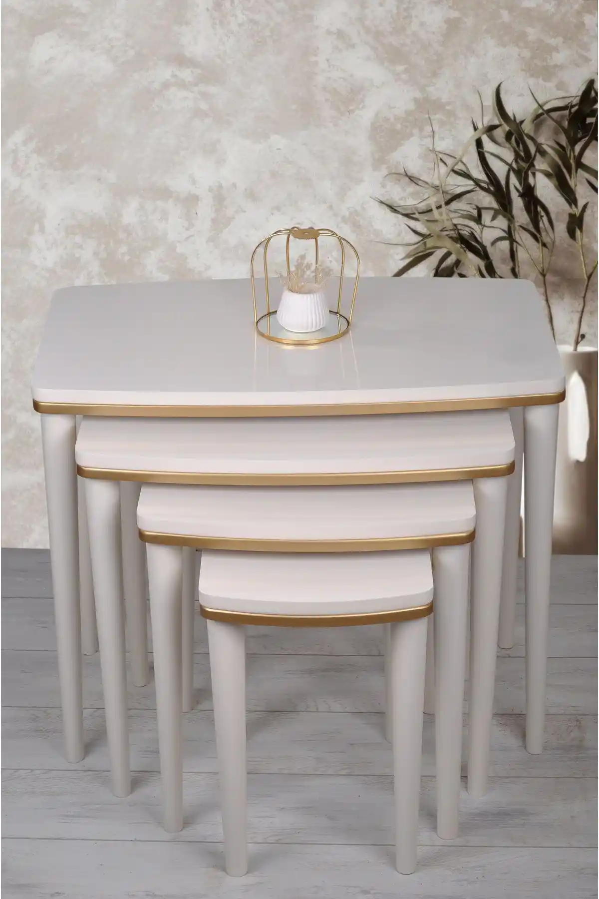 Napali Serisi 4'lü Lüx MDF Ahşap Zigon Sehpa Bej Gold Modern ve Şık Tasarım